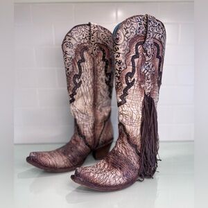 Corral Boots Handcrafted Brown w/ Fringe & Metal Accents Size 7.5M, 2.5” Heel